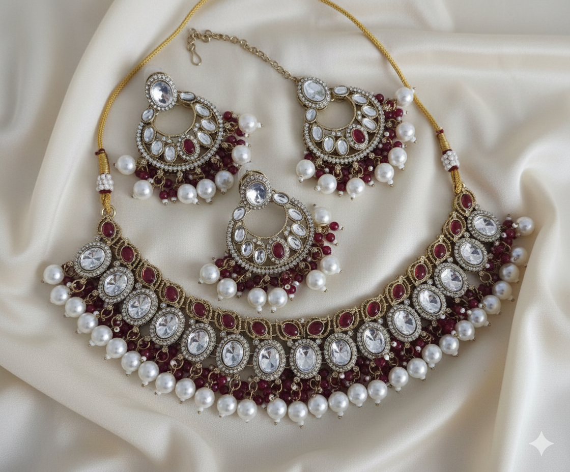 Traditional Antique Gold Finish Choker Necklace Set with Pearl Drop Earrings and Mangtika